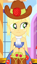 Size: 186x323 | Tagged: safe, derpibooru import, screencap, applejack, eqg summertime shorts, equestria girls, make up shake up, animated, bare shoulders, eyeroll, fall formal outfits, gif, sleeveless, solo, strapless
