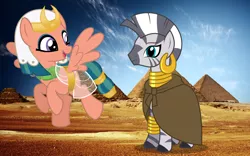 Size: 1920x1200 | Tagged: safe, artist:3d4d, artist:brony-works, artist:jhayarr23, derpibooru import, somnambula, zecora, pegasus, pony, zebra, clothes, egypt, egyptian, glowpaz, open mouth, pyramids of giza