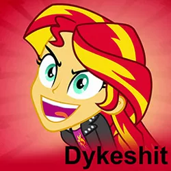 Size: 256x256 | Tagged: suggestive, derpibooru import, sunset shimmer, derpibooru, equestria girls, d slur, implied lesbian, inverted mouth, meta, slur, solo, spoilered image joke, vulgar