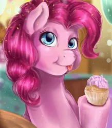 Size: 942x1080 | Tagged: safe, artist:aelwyng, derpibooru import, pinkie pie, earth pony, pony, cupcake, dessert, female, food, looking at you, mare, smiling, solo, tongue out