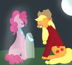 Size: 2488x2232 | Tagged: safe, artist:svetachan, derpibooru import, applejack, pinkie pie, ghost, pony, clothes, crying, gravestone, high res, implied death, moon, night, pain, sad, scarf, shirt, sitting