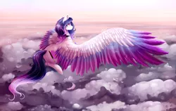 Size: 3800x2400 | Tagged: safe, artist:magicalbrownie, derpibooru import, oc, oc:heart light, unofficial characters only, pegasus, pony, art trade, choker, cloud, colored wings, feather, female, flying, jewelry, large wings, mare, multicolored wings, necklace, solo, spread wings, wallpaper, wings