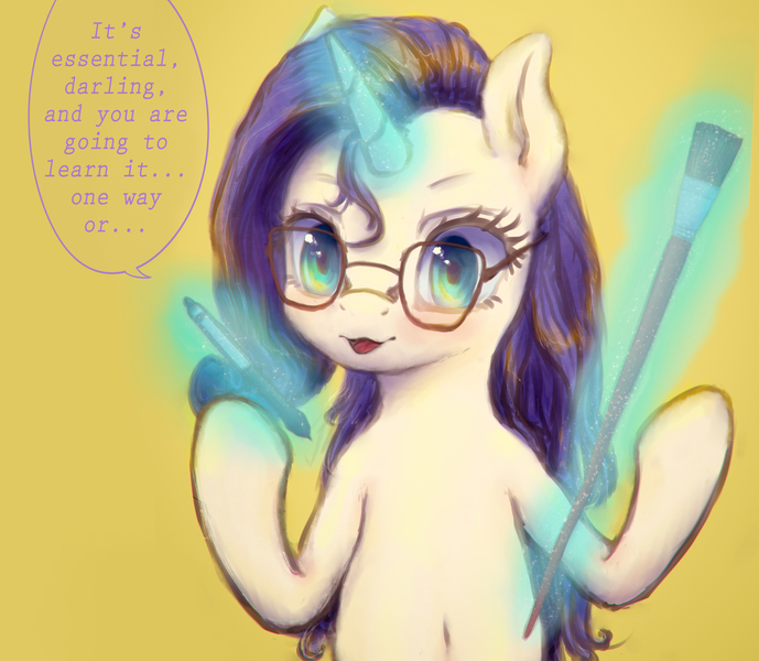 Size: 3802x3313 | Tagged: safe, artist:plotcore, derpibooru import, rarity, pony, atg 2017, belly button, dialogue, glasses, magic, newbie artist training grounds, paintbrush, solo, tablet pen, telekinesis