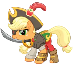 Size: 3300x3000 | Tagged: safe, artist:cheezedoodle96, derpibooru import, applejack, earth pony, pony, my little pony: the movie, .svg available, action pose, armor, badass, belt, boots, bracer, clothes, crouching, evil grin, eyepatch, feather, female, giant hat, grin, hat, leather armor, lidded eyes, mare, pants, pirate, pirate applejack, pirate costume, pirate hat, scimitar, shirt, shoes, simple background, smiling, smirk, solo, svg, sword, transparent background, vector, weapon