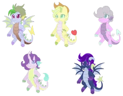 Size: 1008x792 | Tagged: artist:t-erminallyhijinxed, derpibooru import, dracony, dragon, female, hybrid, interspecies offspring, male, oc, offspring, parent:applejack, parent:pinkie pie, parent:rainbow dash, parents:applespike, parent:spike, parents:pinkiespike, parents:rainbowspike, parents:sparlight, parent:starlight glimmer, parents:twispike, parent:twilight sparkle, safe, simple background, spike, spike gets all the mares, straight, transparent background, unofficial characters only