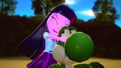 Size: 1600x900 | Tagged: safe, artist:icepony64, derpibooru import, twilight sparkle, yoshi, equestria girls, 3d, crossover, gmod, hug, super mario bros., yoshilight