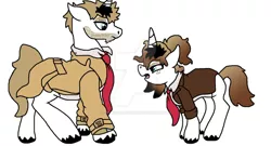 Size: 1024x551 | Tagged: safe, artist:creative-blossom, derpibooru import, oc, oc:jezebel, unofficial characters only, pony, unicorn, angry, clothes, constantine, daughter, family, father, father and daughter, female, filly, grumpy, hellblazer, john constantine, male, mare, next generation, stallion, watermark