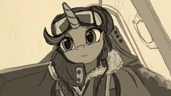 Size: 2127x1202 | Tagged: safe, artist:lunebat, derpibooru import, starlight glimmer, pony, unicorn, cockpit, dunkirk, female, fighter pilot, goggles, mare, monochrome, pilot, supermarine spitfire, world war ii