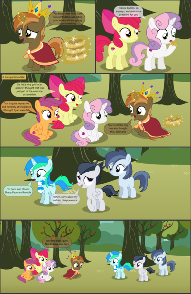 Size: 4553x7001 | Tagged: safe, artist:cyanlightning, derpibooru import, apple bloom, button mash, rumble, scootaloo, shady daze, sweetie belle, oc, oc:cyan lightning, alicorn, earth pony, pegasus, pony, unicorn, comic:cyan's adventure, .svg available, absurd resolution, apple, apple bloom's bow, apple tree, bow, buttoncorn, colt, comic, crown, cutie mark, cutie mark crusaders, eclair, female, filly, food, hair bow, happy, jewelry, king button mash, male, nervous, regalia, rule 63, sitting, the cmc's cutie marks, tree, vector