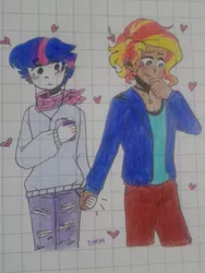 Size: 480x640 | Tagged: safe, artist:s1nb0y, derpibooru import, sunset shimmer, twilight sparkle, human, alternate costumes, blushing, cute, dusk shine, duskabetes, duskglare, female, gay, graph paper, heart, holding hands, human coloration, humanized, lined paper, looking away, male, meme, otp, rule 63, rule63betes, shimmerbetes, shipping, sunset glare, sunsetsparkle, traditional art, twiabetes