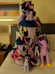 Size: 659x879 | Tagged: safe, artist:equinepalette, artist:flutterplushies, artist:klplushies, artist:plushwaifus, artist:shindeeru, derpibooru import, official, photographer:corpulentbrony, twilight sparkle, twilight sparkle (alicorn), alicorn, pony, seapony (g4), bronycon, bronycon 2017, bed, hasbro, hotel, hotel room, irl, multeity, photo, plushie, pony pile, robotwi, seaponified, seapony twilight, sparkle sparkle sparkle, species swap, tower of pony, toy