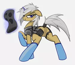 Size: 3550x3078 | Tagged: suggestive, alternate version, artist:fenixdust, derpibooru import, oc, oc:payday, unofficial characters only, pony, bulletproof vest, clothes, female, gloves, latex gloves, magic, mare, mask, simple background, solo, tail wrap, white background