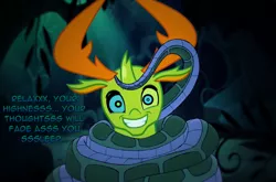 Size: 1150x760 | Tagged: artist:snakeythingy, changedling, changeling, coils, derpibooru import, dialogue, forest, kaa, kaa eyes, king thorax, looking at you, manip, mind control, peril, safe, smiling, snake, swirly eyes, thorax, triple threat