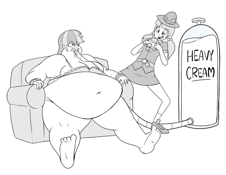 Size: 6208x4816 | Tagged: dead source, questionable, artist:solitaryscribbles, derpibooru import, daring do, juniper montage, equestria girls, spoiler:eqg specials, absurd resolution, bbw, belly button, bra, breasts, camera, clothes, couch, daring dollop, fat, feeding tube, force feeding, grayscale, heavy cream, inflation, monochrome, morbidly obese, obese, ssbbw, underwear