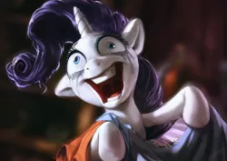 Size: 1200x850 | Tagged: safe, artist:assasinmonkey, derpibooru import, rarity, pony, unicorn, fame and misfortune, crazy face, crying, derp, fabric, faic, female, insanity, makeup, mare, nightmare fuel, open mouth, rarisnap, running makeup, scene interpretation, smiling, solo, uncanny valley, why i'm creating a gown darling