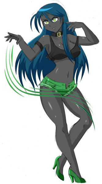 Size: 1667x3004 | Tagged: suggestive, artist:danmakuman, derpibooru import, queen chrysalis, human, equestria girls, belly button, breasts, cleavage, clothes, daisy dukes, equestria girls-ified, female, high heels, humanized, magic, midriff, open clothes, open fly, shoes, shorts, simple background, smiling, solo, solo female, sports bra, tanktop