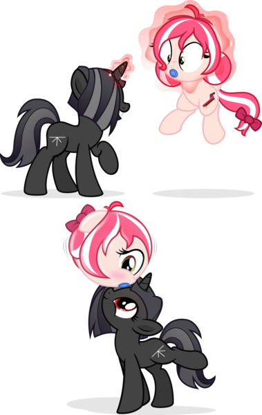 Size: 3039x4811 | Tagged: safe, artist:nxzc88, derpibooru import, oc, oc:cherry blossom, oc:shurelya, unofficial characters only, pegasus, pony, unicorn, air nozzle, balancing, ball, beach ball, blushing, bow, duo, duo female, female, glowing horn, hair bow, inanimate tf, magic, mare, morph ball, ponies balancing stuff on their nose, red eyes, simple background, telekinesis, transformation, transformed, transparent background