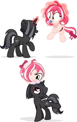 Size: 3039x4811 | Tagged: safe, artist:nxzc88, derpibooru import, oc, oc:cherry blossom, oc:shurelya, unofficial characters only, pegasus, pony, unicorn, air nozzle, balancing, ball, beach ball, blushing, bow, duo, duo female, female, glowing horn, hair bow, inanimate tf, magic, mare, morph ball, ponies balancing stuff on their nose, red eyes, simple background, telekinesis, transformation, transformed, transparent background