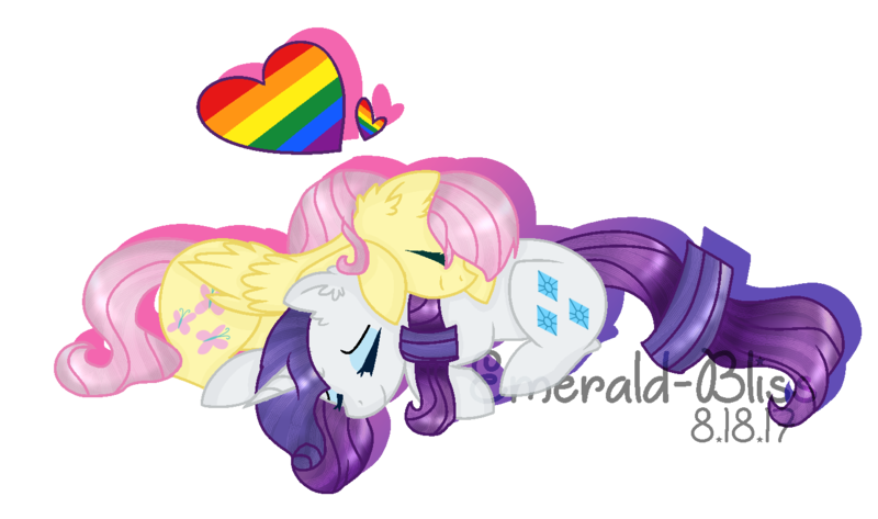 Size: 1400x828 | Tagged: safe, artist:emerald-bliss, derpibooru import, fluttershy, rarity, pony, eyes closed, female, flarity, heart, lesbian, prone, shipping