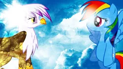 Size: 1920x1080 | Tagged: safe, artist:anxet, artist:penguinsn1fan, artist:zutheskunk edits, derpibooru import, gilda, rainbow dash, gryphon, pony, cloud, lens flare