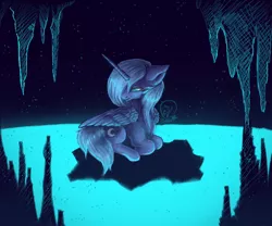 Size: 2697x2241 | Tagged: safe, artist:kimsteinandother, derpibooru import, princess luna, pony, high res, prone, s1 luna, solo, stalactite, stalagmite, water