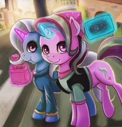 Size: 800x832 | Tagged: safe, artist:the-park, derpibooru import, starlight glimmer, trixie, pony, beanie, cinnamon nuts, equestria girls outfit, female, food, glowing horn, hat, lesbian, magic, mobile phone, phone, selfie, shipping, smartphone, startrix, street, telekinesis