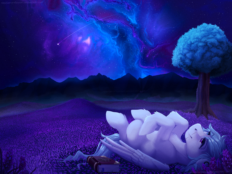 Size: 2000x1500 | Tagged: safe, artist:theoutcastofthenight, derpibooru import, oc, oc:snowstorm, unofficial characters only, pegasus, pony, book, color porn, commission, lavender, nebula, night, relaxing, scenery, scenery porn, solo, space, stargazing, stars, tree