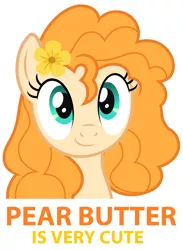 Size: 10000x13680 | Tagged: safe, artist:sollace, derpibooru import, edit, pear butter, pony, the perfect pear, absurd resolution, bust, caption, cute, flower, flower in hair, looking at you, pearabetes, portrait, solo, truth