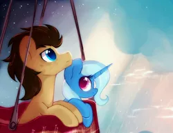 Size: 2148x1659 | Tagged: safe, artist:mirtash, derpibooru import, doctor whooves, time turner, trixie, earth pony, pony, unicorn, duo, hot air balloon, rcf community, sky