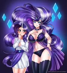 Size: 923x1000 | Tagged: artist:racoonsan, ascension enhancement, babydoll, big breasts, black underwear, blushing, breast envy, breasts, busty nightmare rarity, choker, clothes, collar, commission, derpibooru import, duality, duo, duo female, eyeshadow, female, fingernails, frilly underwear, hand on hip, horned humanization, human, human female, humanized, idw, lingerie, looking at you, makeup, nail polish, nightgown, nightmare rarity, panties, rarity, ribbon, self paradox, smiling, stockings, stupid sexy nightmare rarity, suggestive, thigh highs, underwear