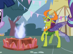 Size: 539x402 | Tagged: safe, derpibooru import, screencap, starlight glimmer, thorax, twilight sparkle, alicorn, changedling, changeling, triple threat, animated, behaving like a moth, bugs doing bug things, ceremonial dragon fire flame of friendship, cute, gif, king thorax, male, silly changeling, thorabetes, trotting, trotting in place, twilight sparkle (alicorn)