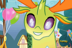 Size: 674x448 | Tagged: safe, derpibooru import, screencap, thorax, changedling, changeling, season 7, triple threat, animated, balloon, behaving like a moth, bugs doing bug things, ceremonial dragon fire flame of friendship, cute, discovery family logo, fire, flame eyes, gif, king thorax, male, smiling, solo, thorabetes, wingding eyes