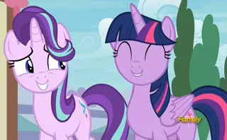 Size: 1711x1057 | Tagged: safe, derpibooru import, screencap, starlight glimmer, twilight sparkle, twilight sparkle (alicorn), alicorn, pony, triple threat, cute, discovery family logo, duo, duo female, female, twiabetes