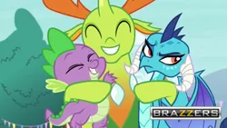 Size: 600x338 | Tagged: brazzers, changedling, changeling, derpibooru import, dragon, edit, edited screencap, emberspike, female, group hug, hug, implied shipping, interspecies, king thorax, male, princess ember, screencap, shipping, spike, spikelove, straight, suggestive, thorax, triple threat, tsundember, tsundere, varying degrees of want