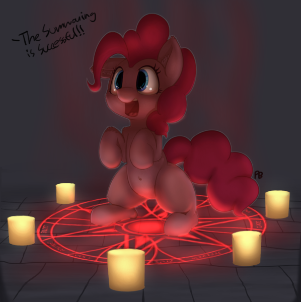 Size: 717x720 | Tagged: safe, artist:pabbley, artist:transgressors-reworks, derpibooru import, edit, pinkie pie, pony, belly button, bipedal, candle, cheek fluff, colored, cute, dialogue, diapinkes, ear fluff, eldritch abomination, floppy ears, happy, leg fluff, magic, magic circle, missing cutie mark, offscreen character, open mouth, ponk, sitting, smiling, solo, summoning, summoning circle, this will end in death and/or a party, xk-class end-of-the-world scenario