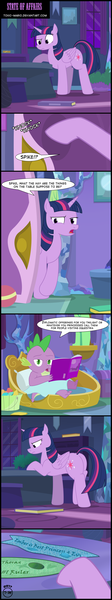 Size: 2401x12907 | Tagged: safe, artist:toxic-mario, derpibooru import, spike, twilight sparkle, twilight sparkle (alicorn), alicorn, dragon, pony, triple threat, banner, basket, castle, comic, comic book, female, gem, new style, reading, spike's bed, spike's room, table, that was fast