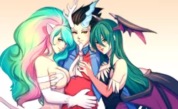 Size: 1450x890 | Tagged: suggestive, artist:bakki, derpibooru import, discord, princess celestia, queen chrysalis, human, breasts, busty princess celestia, busty queen chrysalis, capcom, cleavage, clothes, commission, crossover, darkstalkers, demitri maximoff, discolis, discord gets all the mares, dislestia, felicia, female, group sex, horned humanization, humanized, lucky bastard, male, morrigan aensland, shipping, straight, threesome, winged humanization, wings