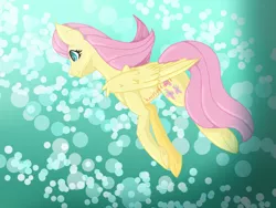 Size: 1024x768 | Tagged: safe, artist:hovesoffire48, derpibooru import, fluttershy, pony, abstract background, floating, looking away, solo, spread wings, wings