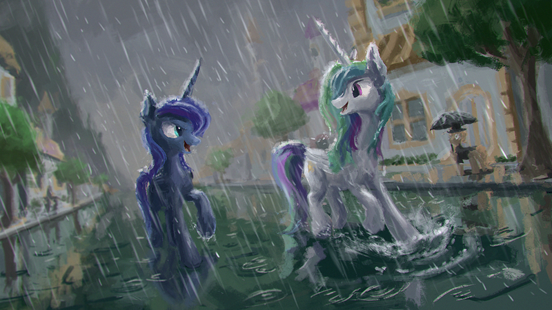 Size: 1280x720 | Tagged: safe, artist:plainoasis, derpibooru import, princess celestia, princess luna, alicorn, pony, background pony, canterlot, clothes, duo focus, folded wings, image, jpeg, looking at each other, missing accessory, rain, road, royal sisters, scenery, street, suit, town, umbrella, walking, water, wet mane