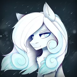 Size: 2000x2000 | Tagged: safe, artist:ritter, derpibooru import, oc, oc:snowdrop, unofficial characters only, pegasus, pony, bust, chest fluff, ear fluff, explicit source, female, looking at you, mare, night, older, sitting, snow, snowfall, solo, windswept mane, winter