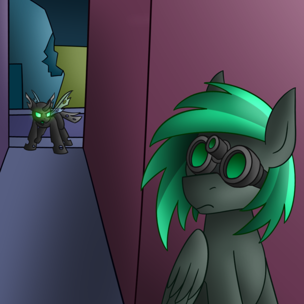 Size: 1000x1000 | Tagged: artist:ceejayponi, changeling, changeling oc, derpibooru import, glowing eyes, goggles, night vision goggles, oc, oc:illume, safe, unofficial characters only