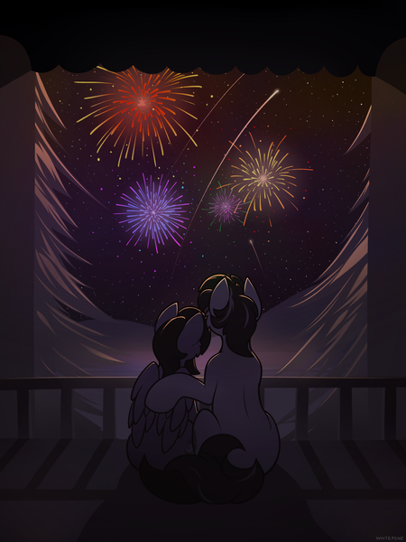 Size: 3000x4000 | Tagged: safe, artist:whitepone, derpibooru import, oc, oc:pie, oc:starless night, unofficial characters only, earth pony, pegasus, pony, female, fireworks, hug, male, mare, night, oc x oc, shipping, sitting, stallion, straight, tree