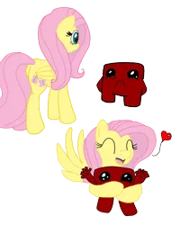 Size: 1150x1437 | Tagged: artist needed, safe, artist:mr square, derpibooru import, fluttershy, pegasus, pony, colored, crossover, duo, hug, meat boy, simple background, super meat boy, transparent background