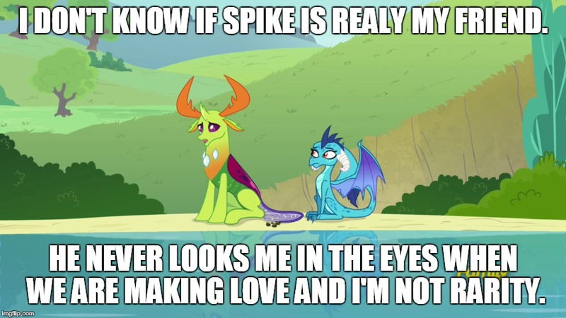 Size: 888x499 | Tagged: caption, changedling, changeling, derpibooru import, dragon, edit, edited screencap, female, gay, implied rarity, implied sex, implied spike, king thorax, male, meme, princess ember, safe, screencap, shipping, spike, thorax, thoraxspike, triple threat