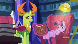 Size: 1920x1080 | Tagged: alicorn, awkward, book, chair, changedling, changeling, context is for the weak, derpibooru import, glowing horn, king thorax, lamp, levitation, library, lying, magic, out of context, safe, screencap, telekinesis, that pony sure does love chairs, thorax, triple threat, twilight's castle, twilight sparkle, twilight sparkle (alicorn)