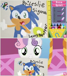 Size: 1024x1162 | Tagged: safe, artist:laurytheotter, derpibooru import, sweetie belle, pony, coloring with sweetie belle, crossover, exploitable meme, meme, mouth hold, sonic the hedgehog, sonic the hedgehog (series)