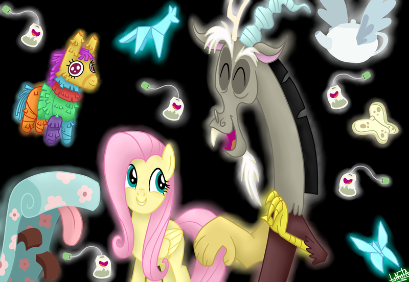 Size: 2100x1450 | Tagged: safe, artist:liniitadash23, derpibooru import, discord, fluttershy, butterfly, draconequus, pegasus, pony, discordant harmony, black background, chase lounge, discoshy, eyes closed, female, flying napkin, ginseng teabags, lesbian, male, mare, open mouth, origami, piñata, shipping, simple background, straight, teabag, winged teapot