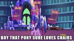 Size: 610x342 | Tagged: safe, derpibooru import, edit, edited screencap, screencap, twilight sparkle, twilight sparkle (alicorn), alicorn, pony, triple threat, book, chair, image macro, library, magic, meme, shelves, table, that pony sure does love chairs