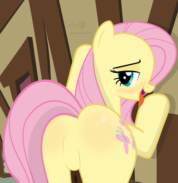 Size: 5442x5598 | Tagged: suggestive, artist:shutterflyeqd, derpibooru import, fluttershy, pony, absurd resolution, drool, featureless crotch, female, flutterbutt, looking back, mare, plot, show accurate, smiling, solo, solo female, squishy, tongue out