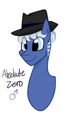 Size: 503x839 | Tagged: safe, artist:rosequartz1, derpibooru import, oc, oc:absolute zero, unofficial characters only, earth pony, pony, bust, hat, male, offspring, parent:coco pommel, parent:silver shill, parents:silverpommel, portrait, simple background, solo, stallion, trilby, white background
